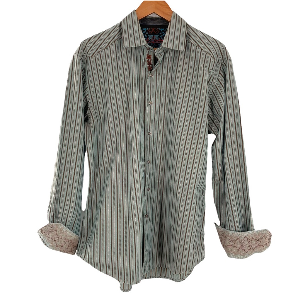Robert Graham Long Sleeve Button Down Shirt Green & Brown Stripes NO SIZE TAG XL